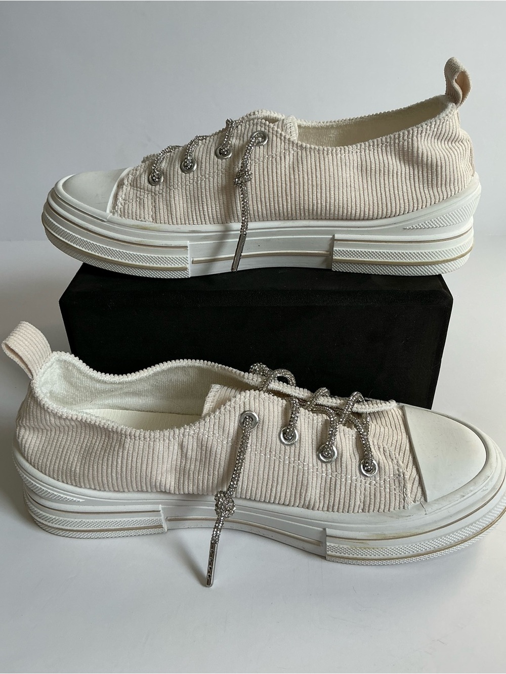 Very G Cream Corduroy Platform Sneakers with Rhinestone Laces
